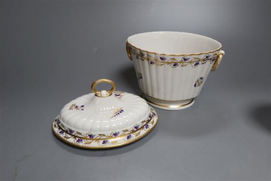 A Derby sugar bowl and cover, c.1795, width 14.5cm, two Newhall type coffee cups and an English porcelain coffee can, c.1800,